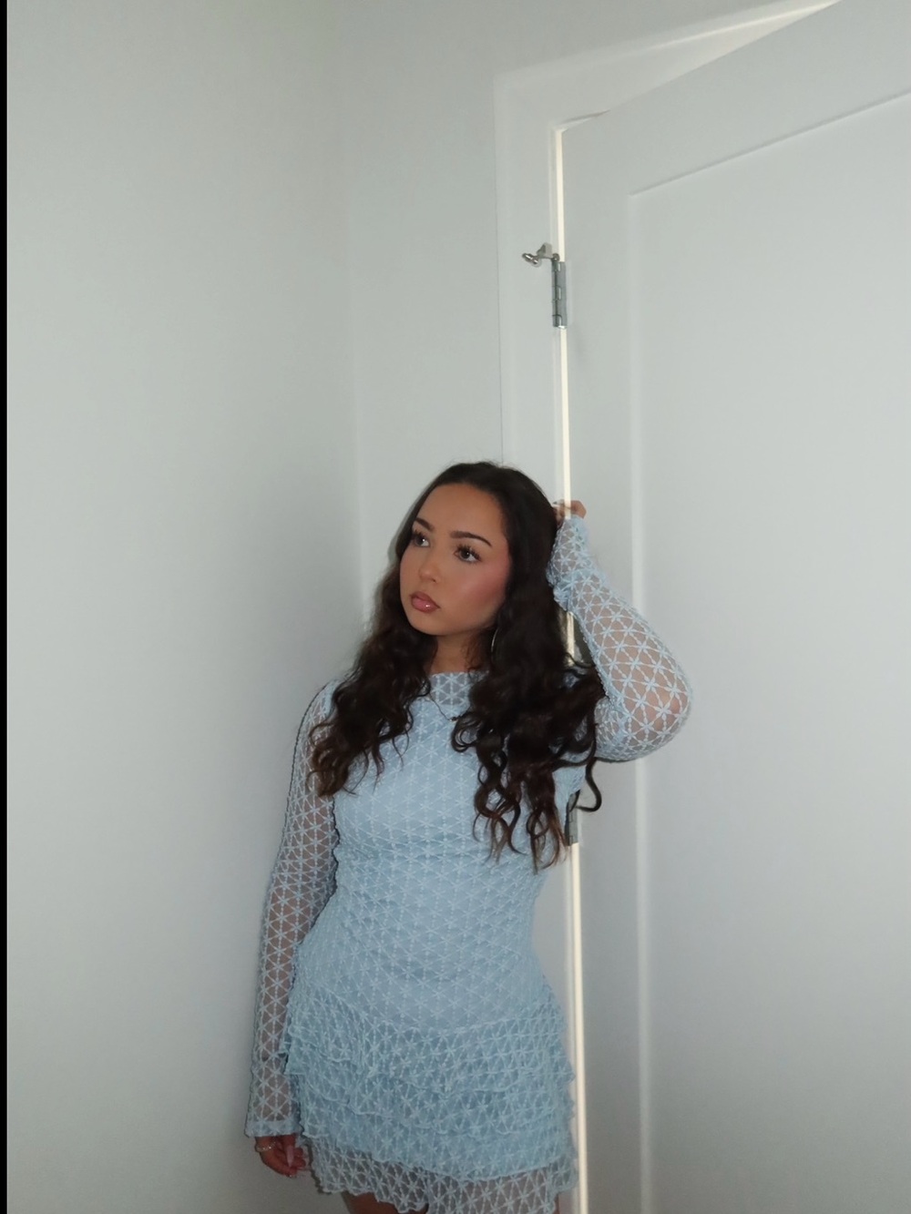 Isabelle’s Cabinet Light Blue Lace Long Sleeve Mini Dress